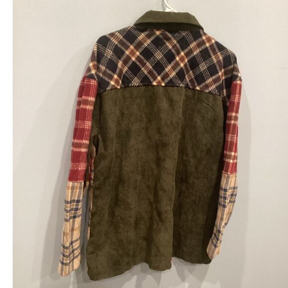 BKE Women Pieced Plaid Corduroy Shacket Size Large Patchwork Green Buckle Casual - Picture 7 of 15